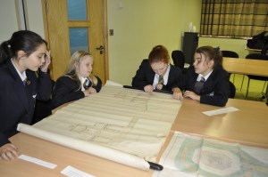 Pupils compare the plans for the proposed War Memorial with the one that was actually built. 