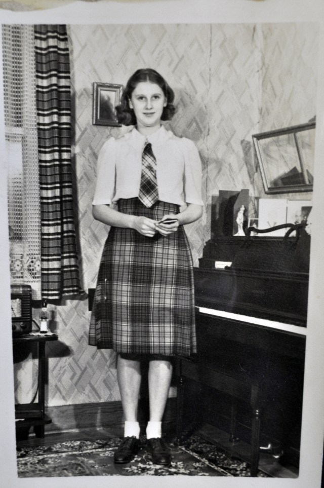 Marion wearing a kilt her mother sent for Christmas