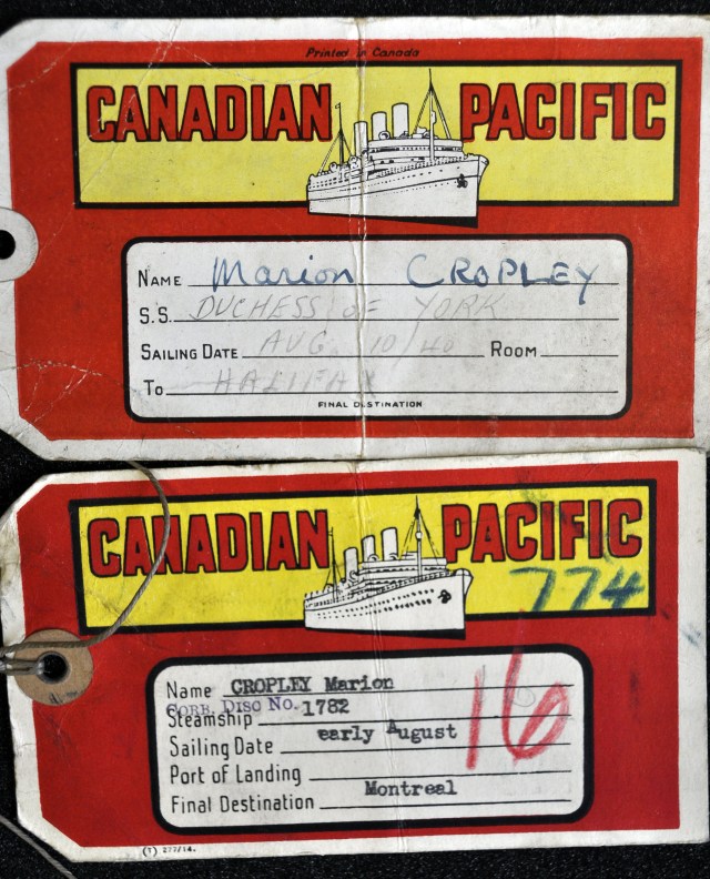 luggage labels from her journey to Canada 