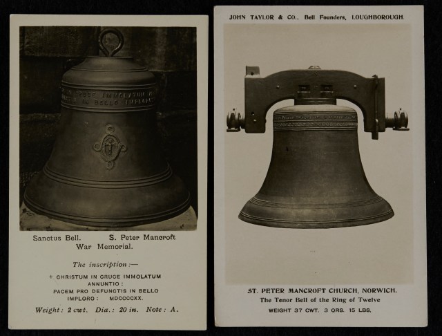 Postcards of St Peter Mancroft Sanctus Bell, c 1920, and Tenor Bell, c 1924
