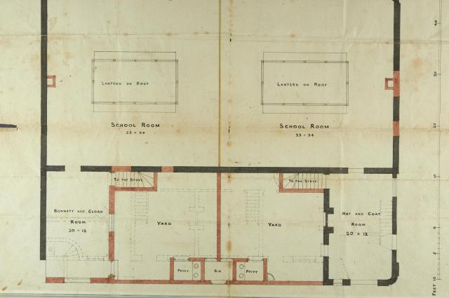 Plan showing location and use of rooms and facilities, including a 'bonnett and cloak room' and a 'hat and coat room.'