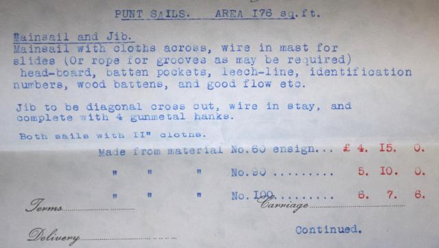 Quotations for costs of supplying sails to the Club, 1937. Catalogue entry. 