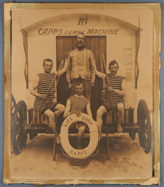 The Capps family on the steps of one of their bathing machines. Catalogue reference MC 2640/1, 990X9