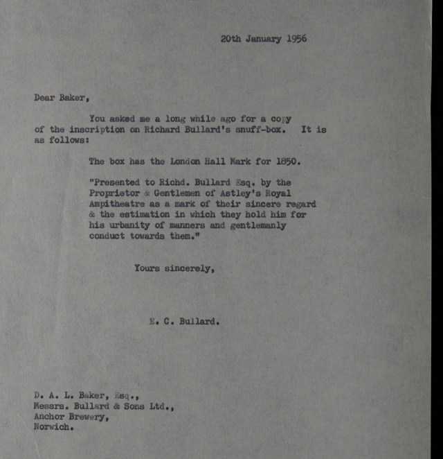 Letter dated 20th January 1956 from E.C Bullard to 'Baker' regarding the inscription on a snuff box. 