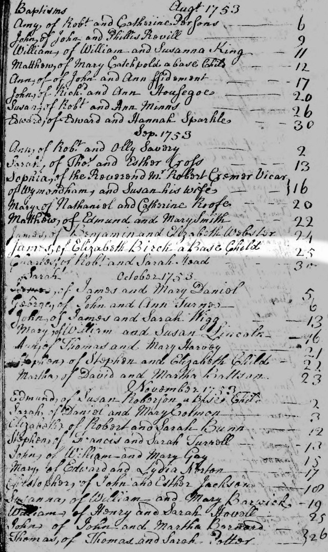 baptism of James Birch, Wymondham-ed