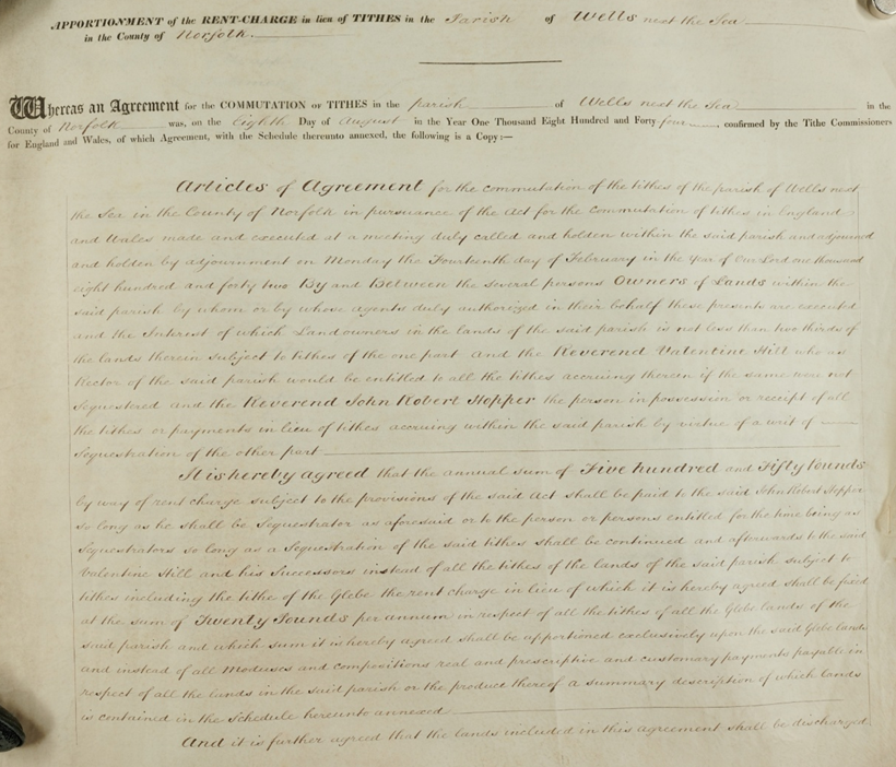 Front page of the apportionment, with large cursive handwriting throughout, describing the law around tithe commutation.
