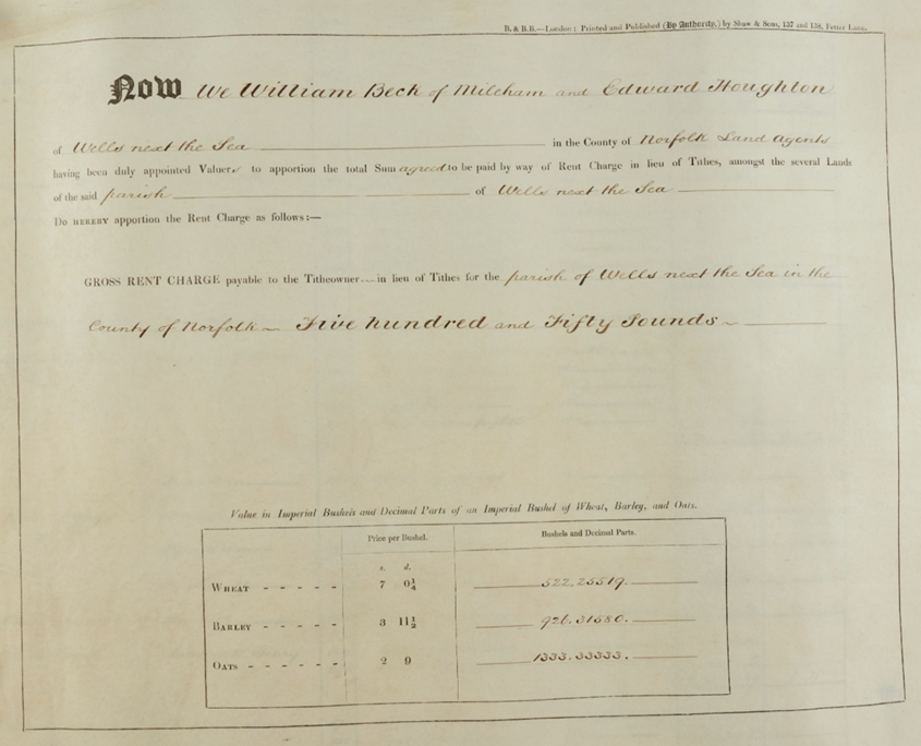Page showing landowners, William Beck and Edward Houghton agreeing the total rentcharge is £550, and a table showing the values of wheat, barley, and oat used in the calculations.