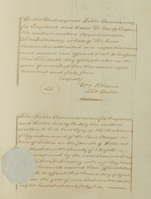 Close-up of the final page of the apportionment, where the certification of the document by a tithe commissioner is written in red, with a silver stamp in the bottom left corner.